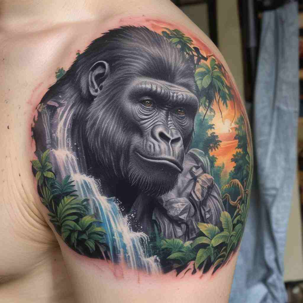 Gorilla with a Tropical Waterfall Background Tattoo