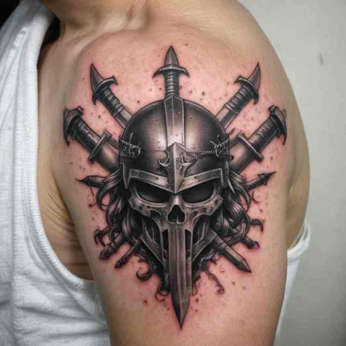 Helmet with Crossed Swords Tattoo