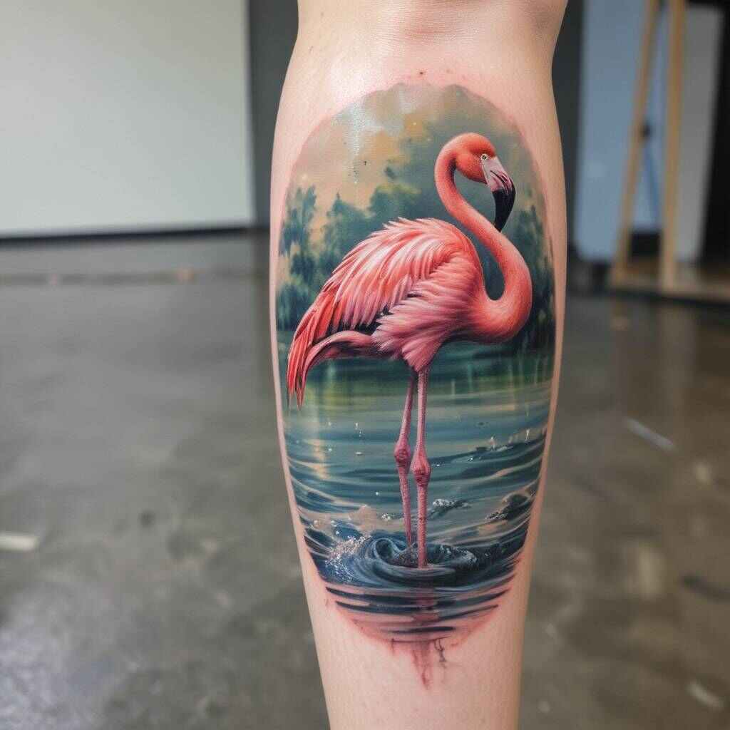 Hyper realistic flamingo Standing in Shallow Water on the Calf Tattoo