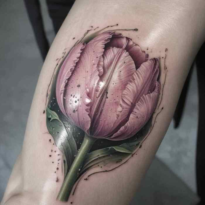 Hyperrealistic Tulip with Morning Dew tattoo