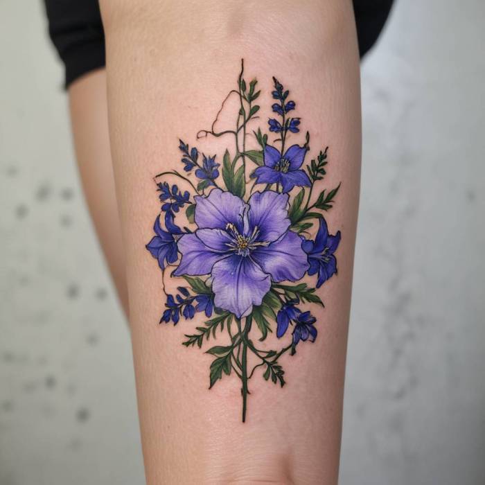 Larkspur Intertwined with a Birth Year Tattoo