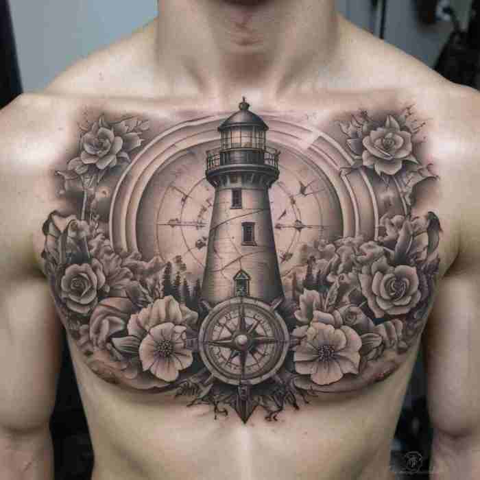 Lighthouse with Compass Rose tattoo