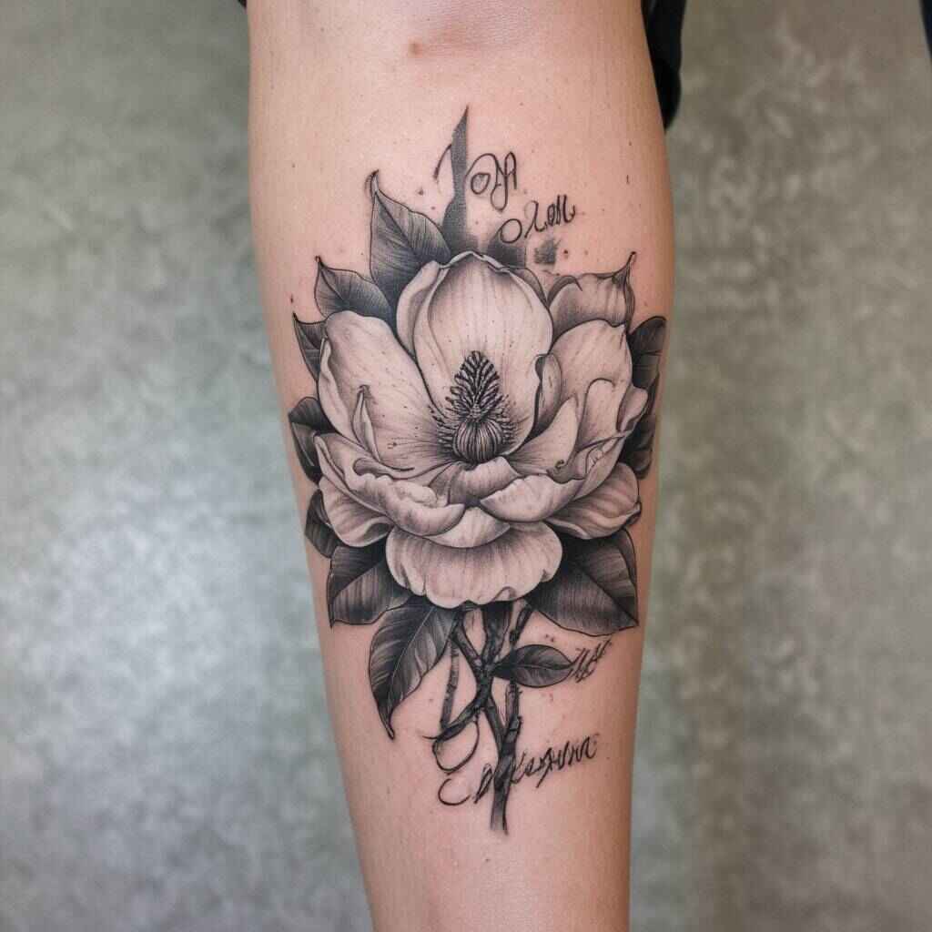 Magnolia with Script tattoo