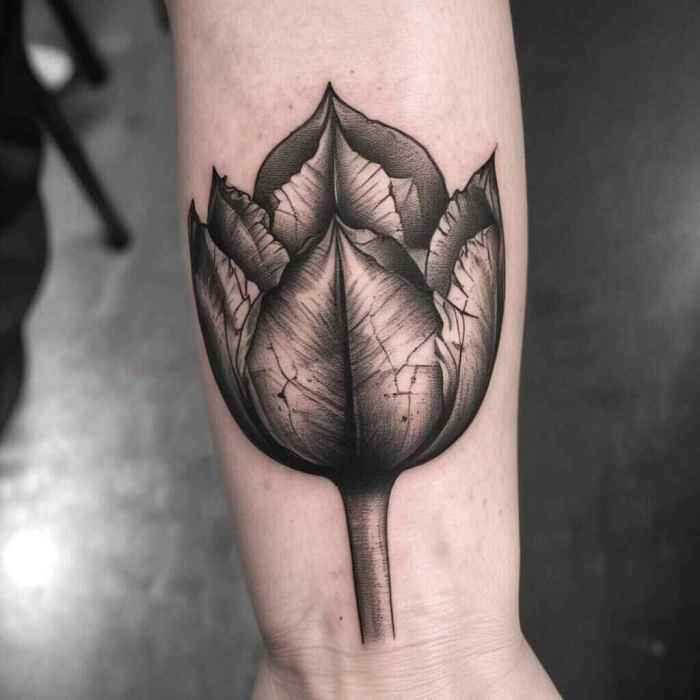 Monochromatic Tulip with Intricate Shading Tattoo
