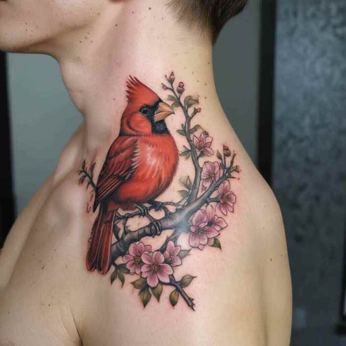 Perched Cardinal on a Blooming Branch tattoo