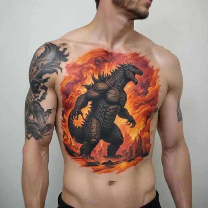 Silhouette Godzilla Against a Fiery Backdrop tattoo