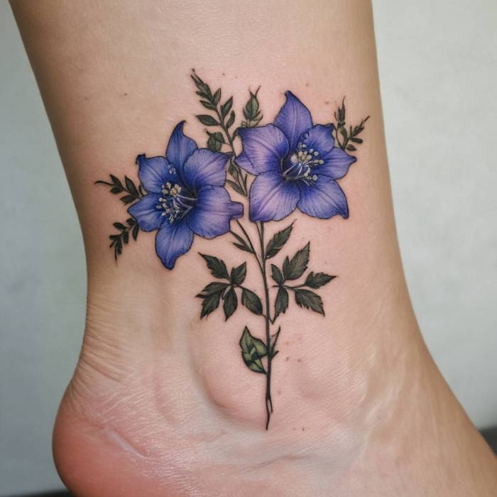 Simplistic Larkspur on the Ankle tattoo