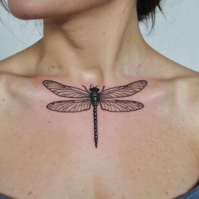 Single line dragonfly on the Collarbone Tattoo