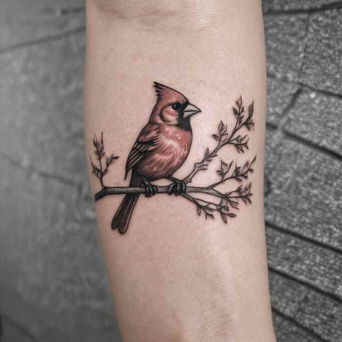 Small Cardinal Perched on a Single Line Branch Tattoo