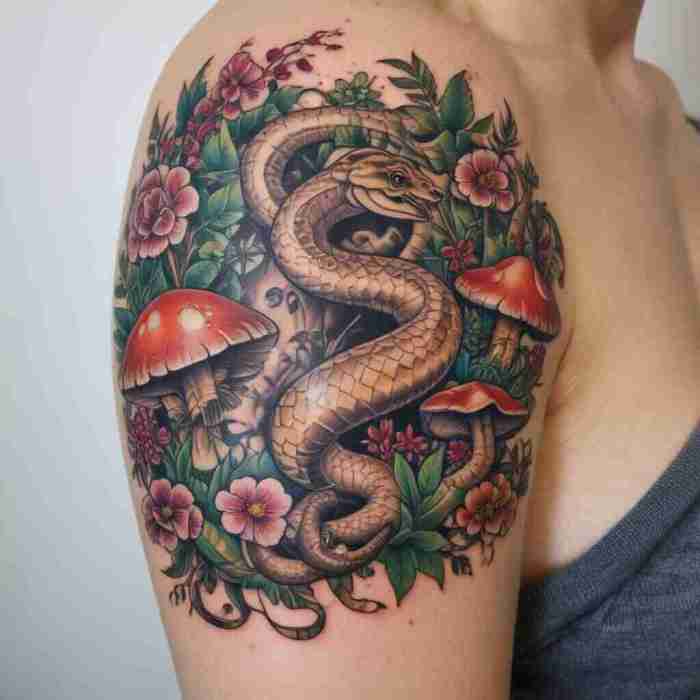 Snake and Mushrooms tattoo