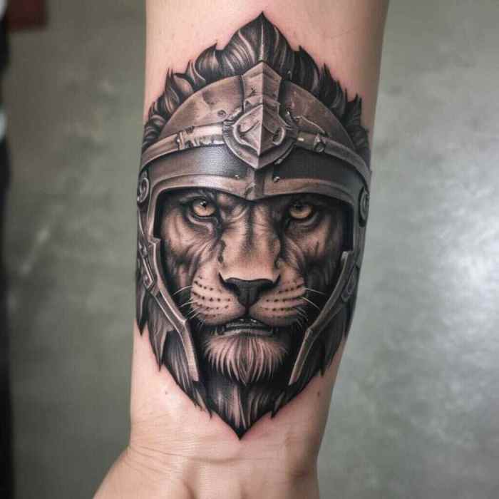 Spartan Helmet Integrated with a Lion Tattoo