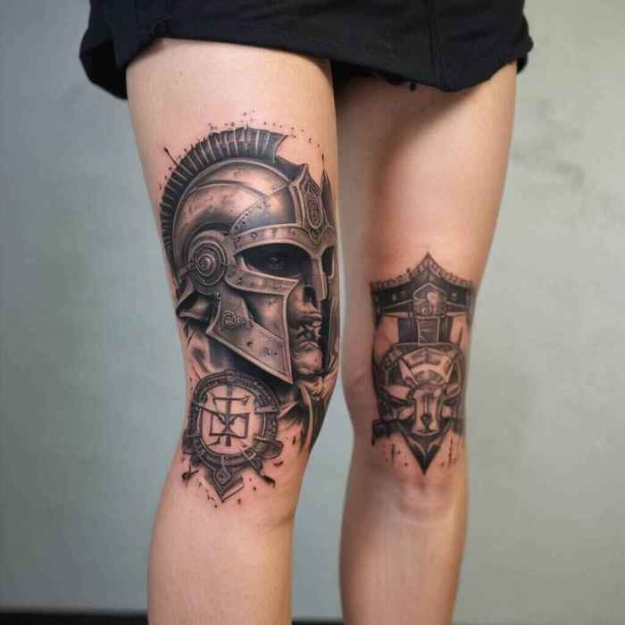 Spartan Sleeve with Helmets Shields and Quotes tattoo