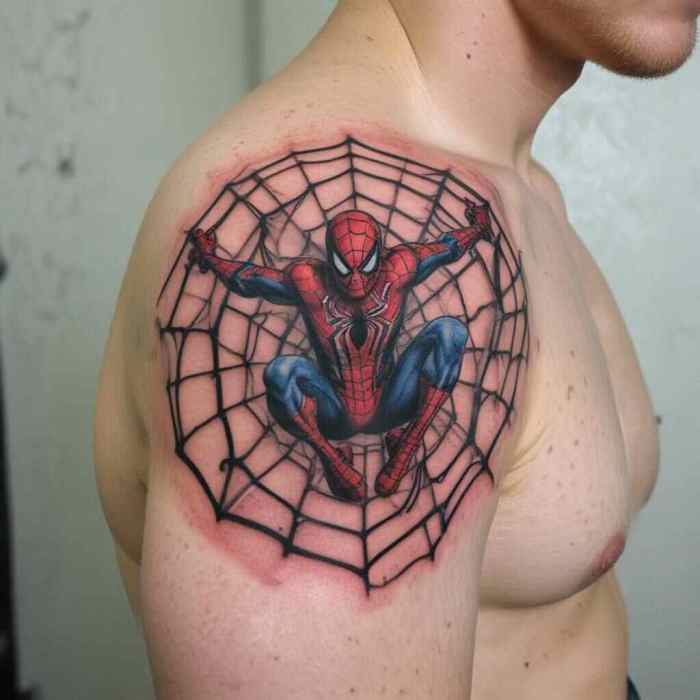 Spider Man in Action Web Swinging Tattoo