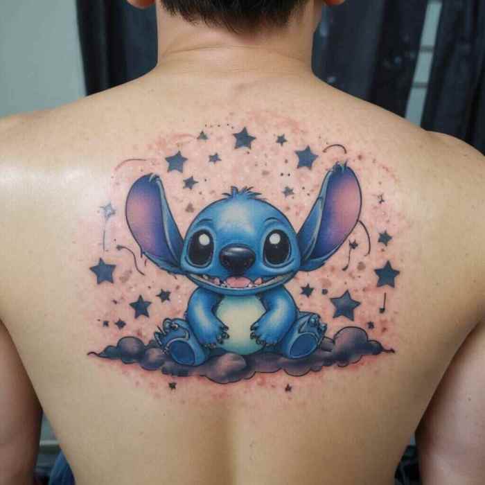 Stitch Sitting on a Cloud with Stars tattoo
