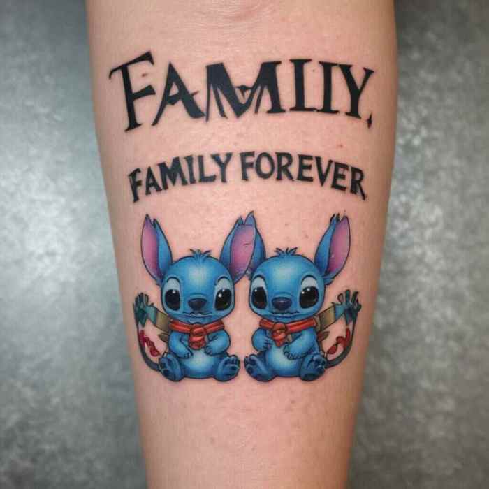 Stitch with a Banner That Reads Family Forever tattoo