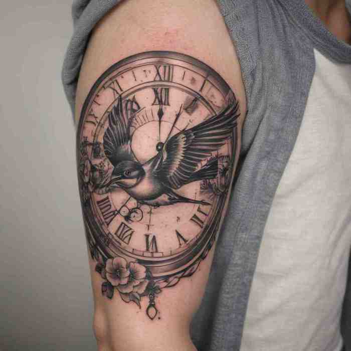 Swallow and Clock tattoo