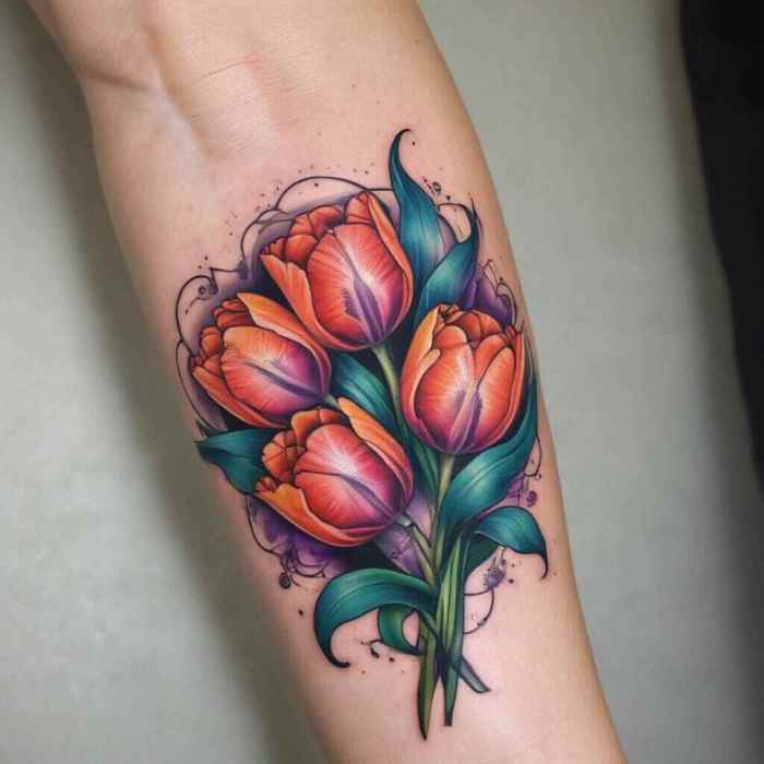 Vibrant Tulip Bouquet on the Arm Tattoo