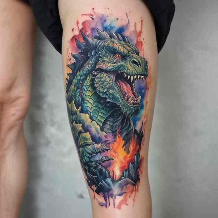 Watercolor Godzilla tattoo