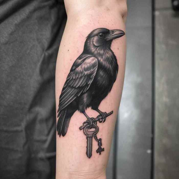 A Crow Holding a Key in its Beak tattoo