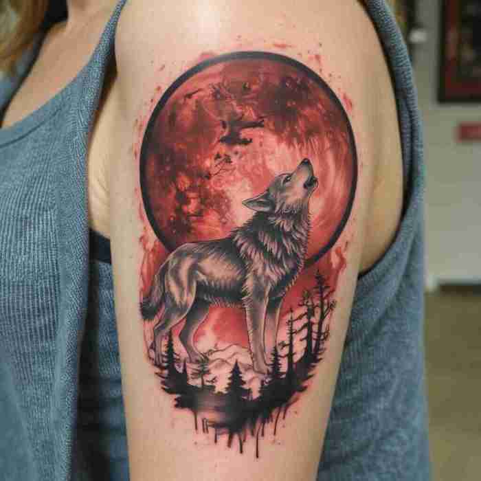 A Wolf Howling Under a Red Moon tattoo