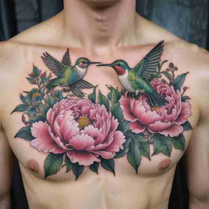 Blooming Peony Paired with a Hummingbird tattoo