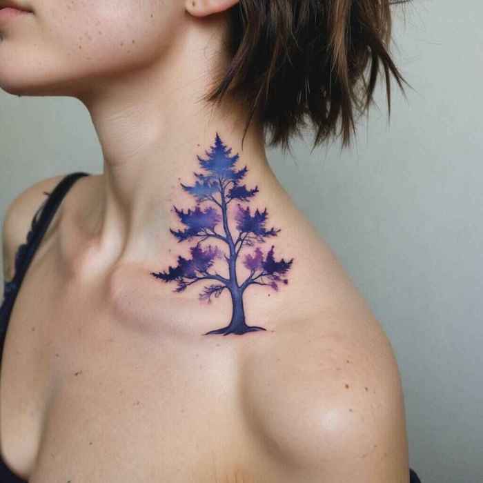 44 Serene Pine Tree Tattoo Ideas To Embrace Nature’s Quiet Strength! 18 Blue and Purple Gradient Pine Tree Tattoo
