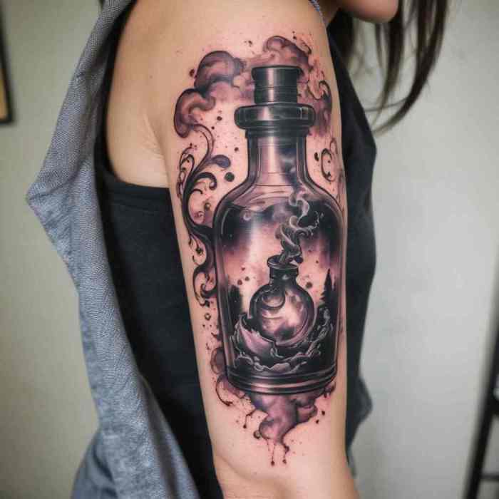 Bottled Potion with Smoke Forming Shapes Tattoo