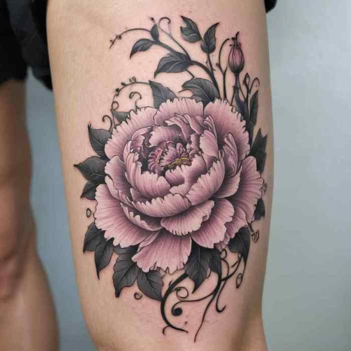 Centered Peony on the Nape with Trailing Vines tattoo