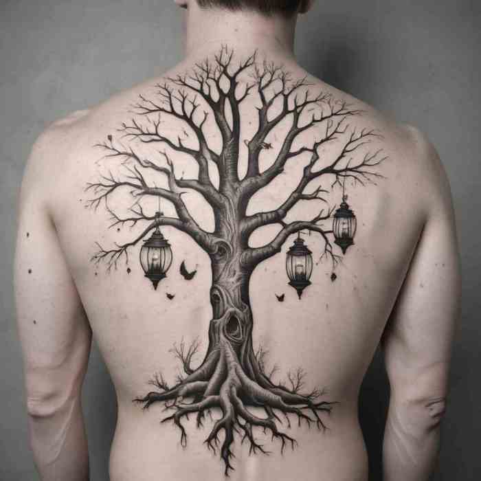 Dead Tree with Hanging Lanterns tattoo