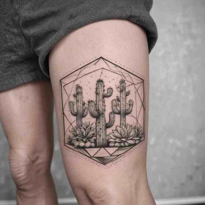 Dotwork Cactus Within a Geometric Frame tattoo