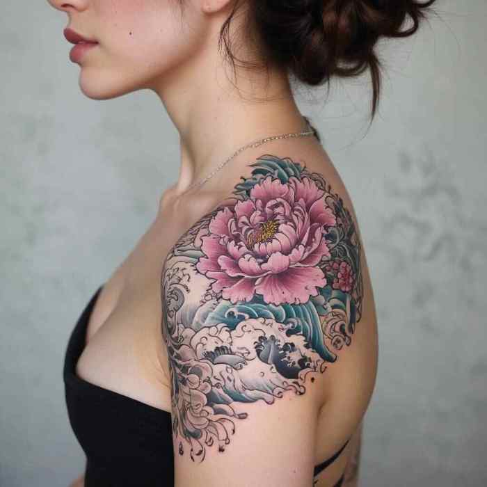 Half sleeve Peony with Japanese Wave Patterns Tattoo