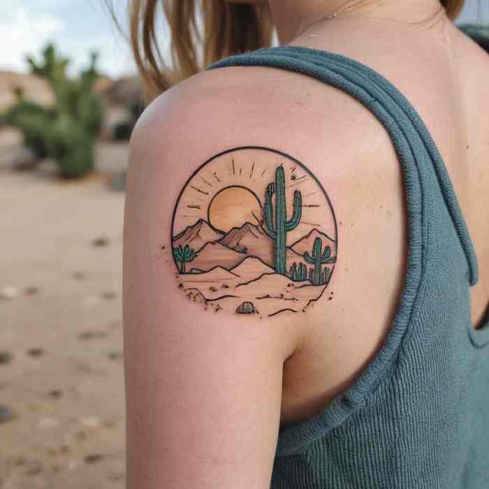 Minimal Desert Scene with a Sun and Cactus tattoo