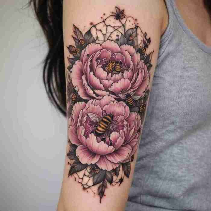 Peony Surrounded by Bees and Honeycomb Patterns Tattoo