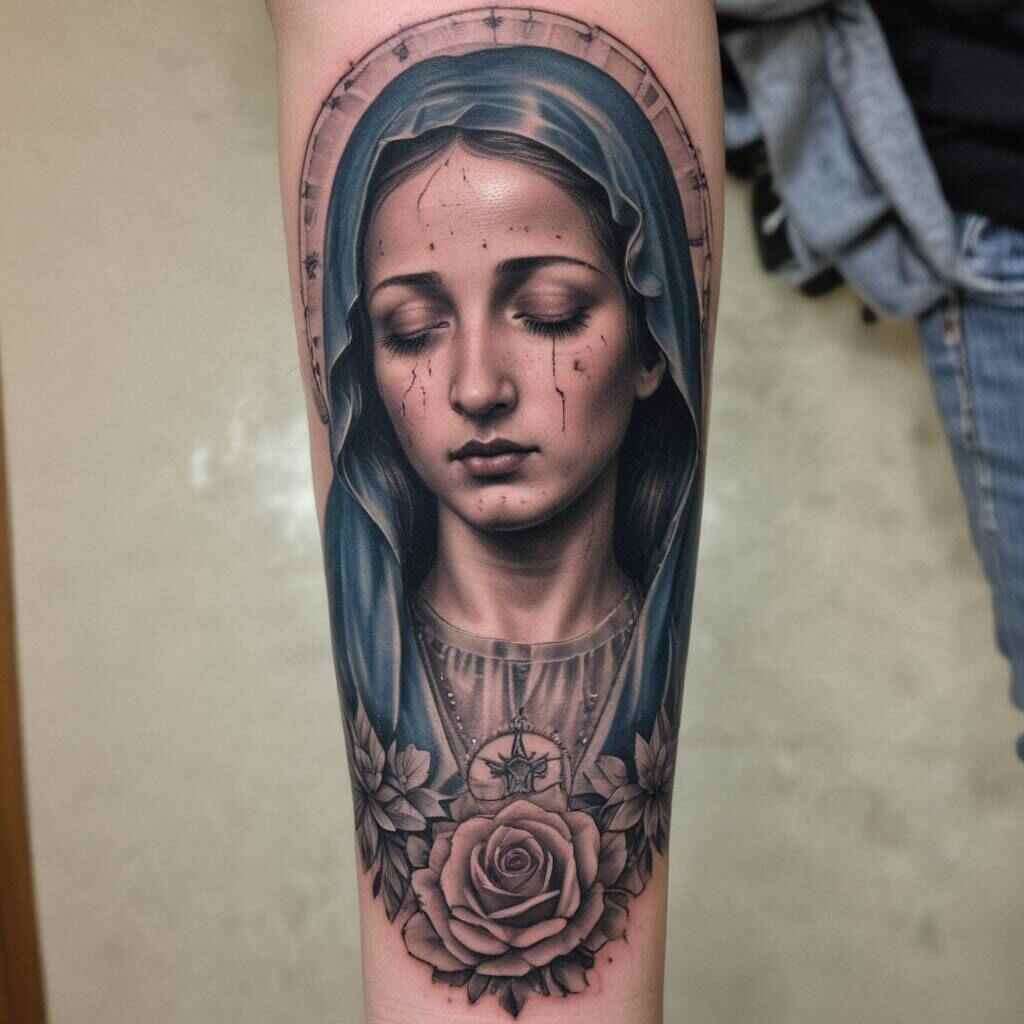 42 Elegant Virgin Mary Forearm Tattoos That Reflect Devotion and Grace 8 Crying Virgin Mary