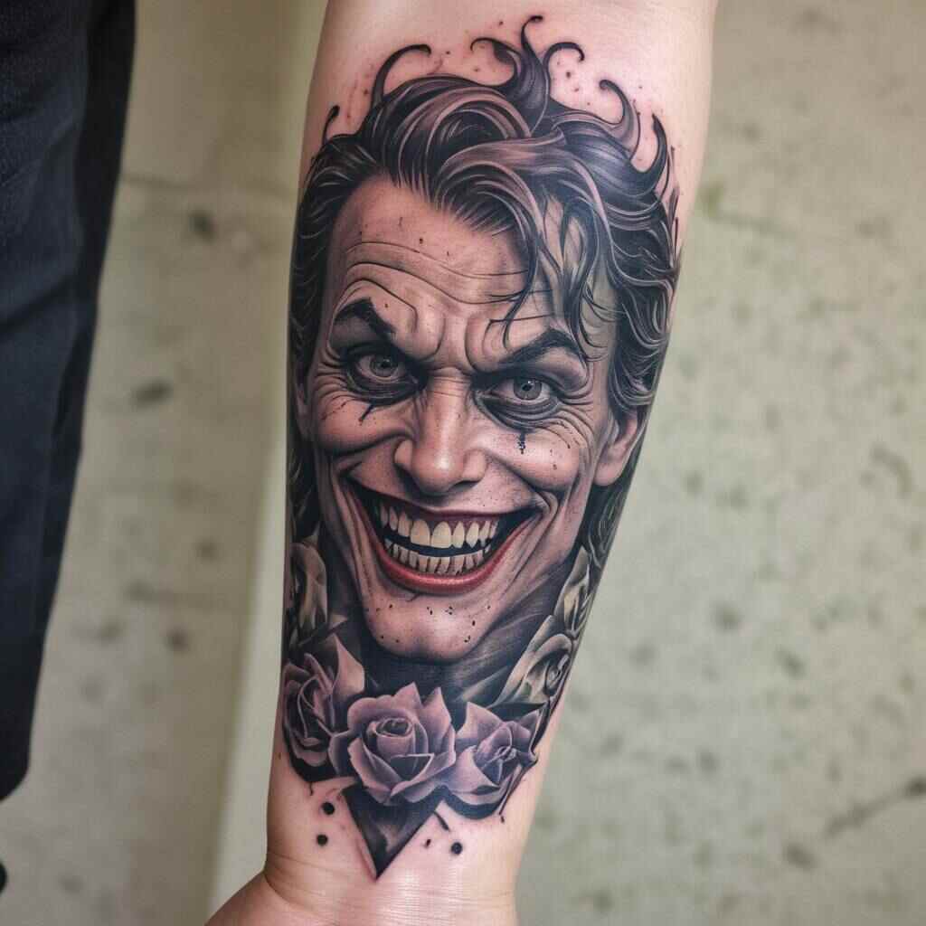 42 Striking Joker Forearm Tattoos That Blend Madness and Artistry 16 HAHAHA Pattern