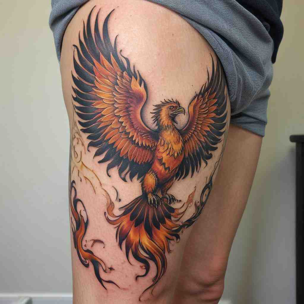 40 Commanding Thigh Tattoos for Men Where Power Meets Artistry 29 Phoenix Rising 1