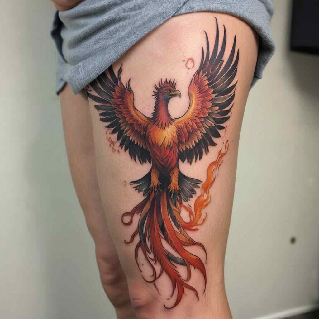 40 Commanding Thigh Tattoos for Men Where Power Meets Artistry 28 Phoenix Rising