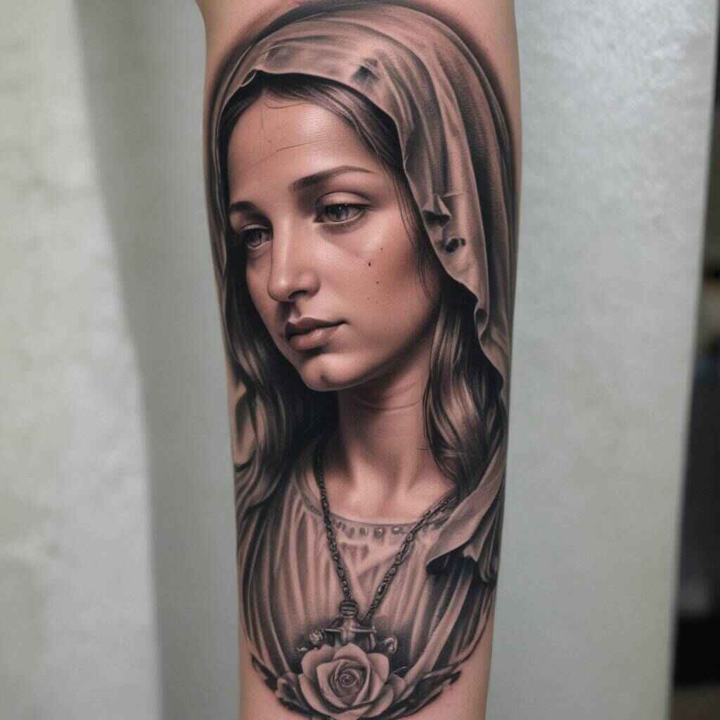 42 Elegant Virgin Mary Forearm Tattoos That Reflect Devotion and Grace 2 Realistic Portrait