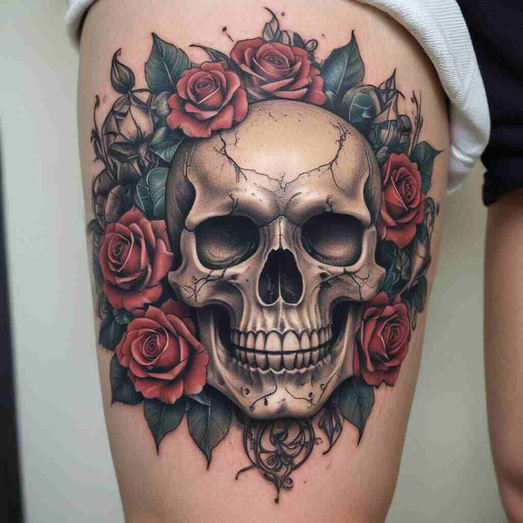 40 Commanding Thigh Tattoos for Men Where Power Meets Artistry 16 Skull and Roses