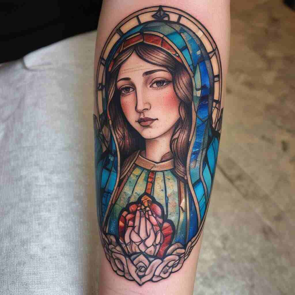 42 Elegant Virgin Mary Forearm Tattoos That Reflect Devotion and Grace 15 Stained Glass Effect 1