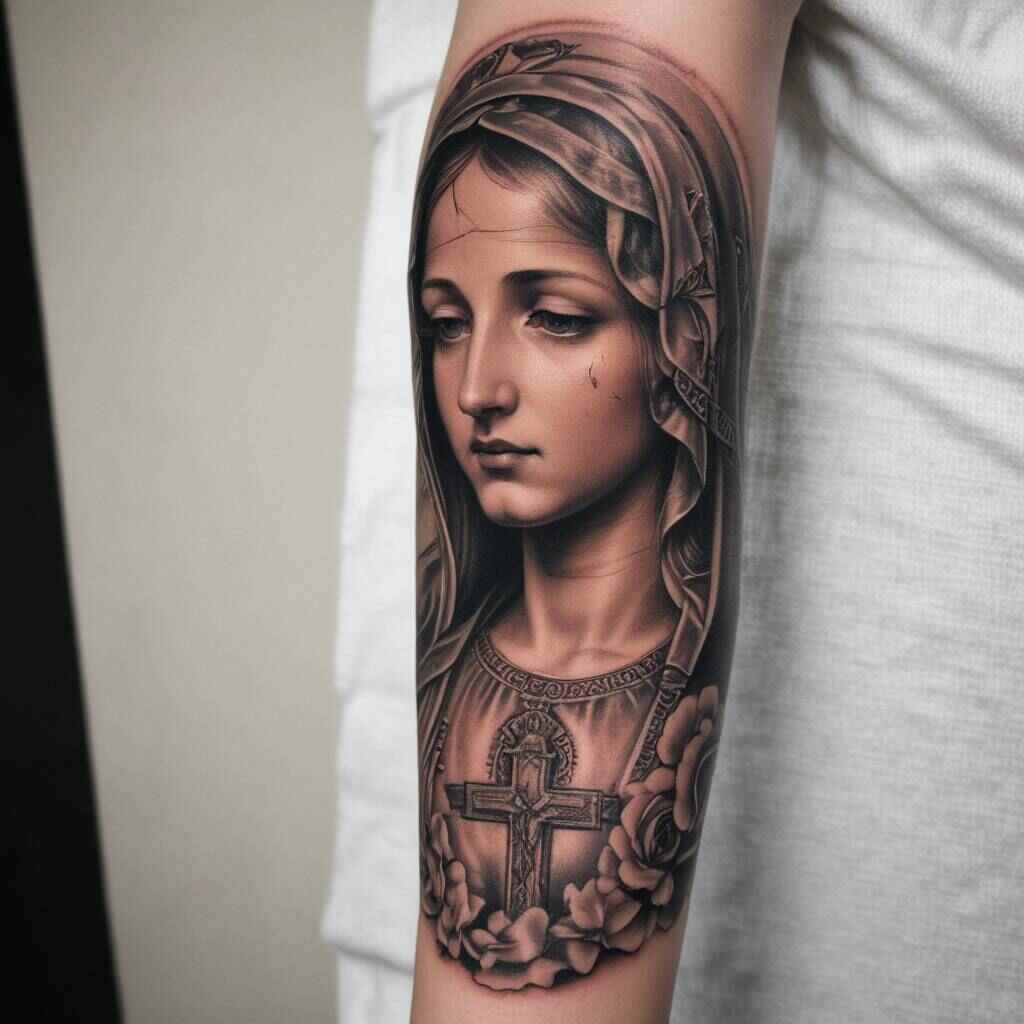 42 Elegant Virgin Mary Forearm Tattoos That Reflect Devotion and Grace 20 Virgin Mary with Cross