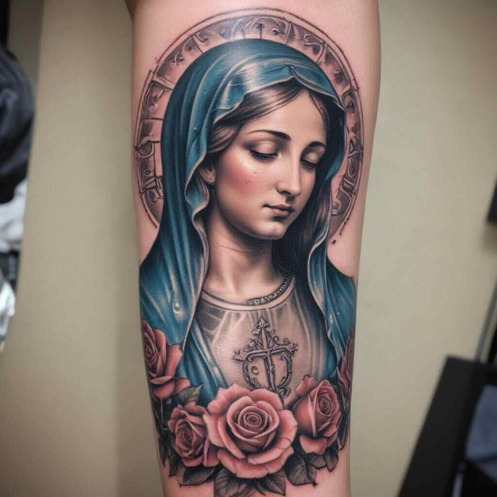 42 Elegant Virgin Mary Forearm Tattoos That Reflect Devotion and Grace 12 Virgin Mary with Roses
