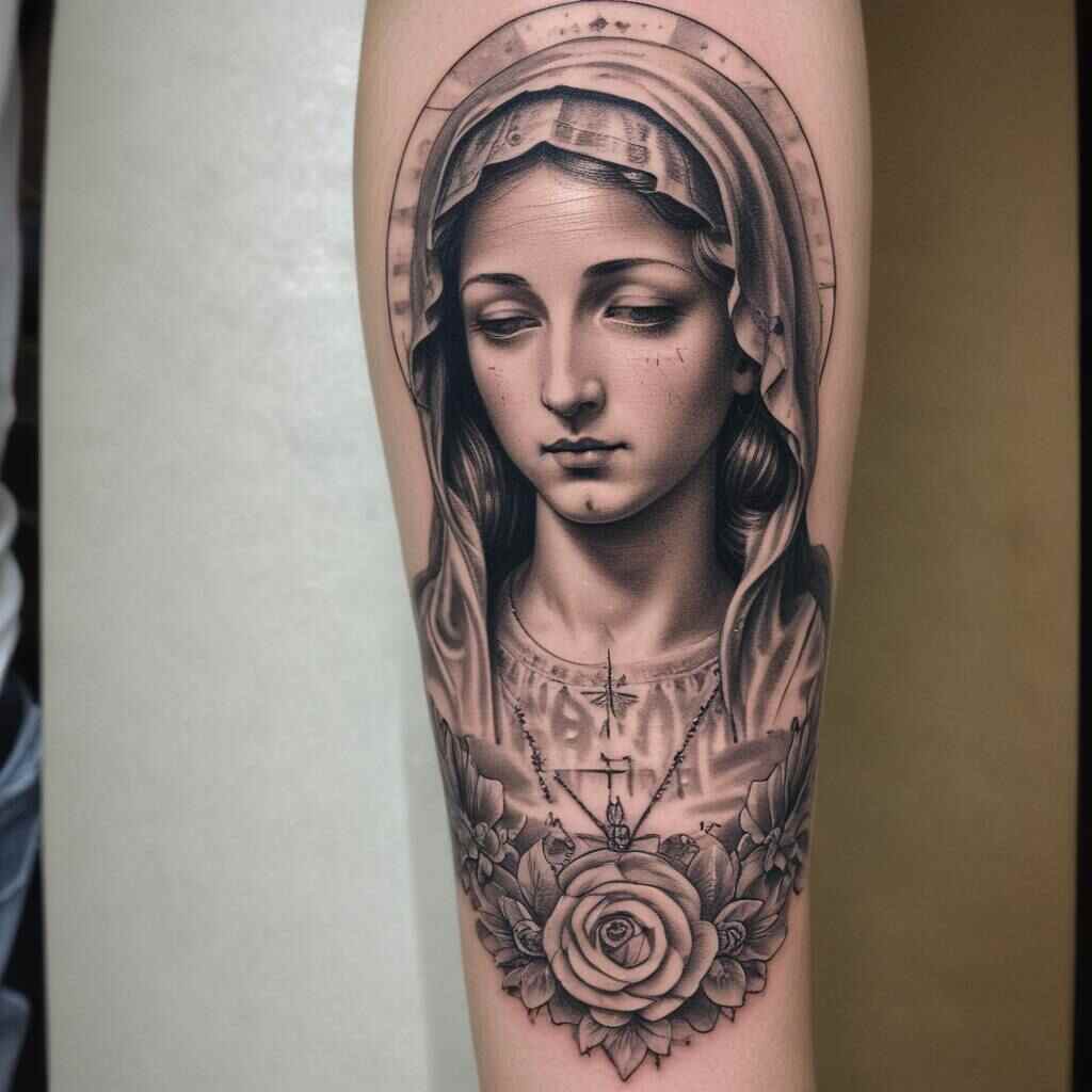 42 Elegant Virgin Mary Forearm Tattoos That Reflect Devotion and Grace 27 Virgin Mary with Script 1