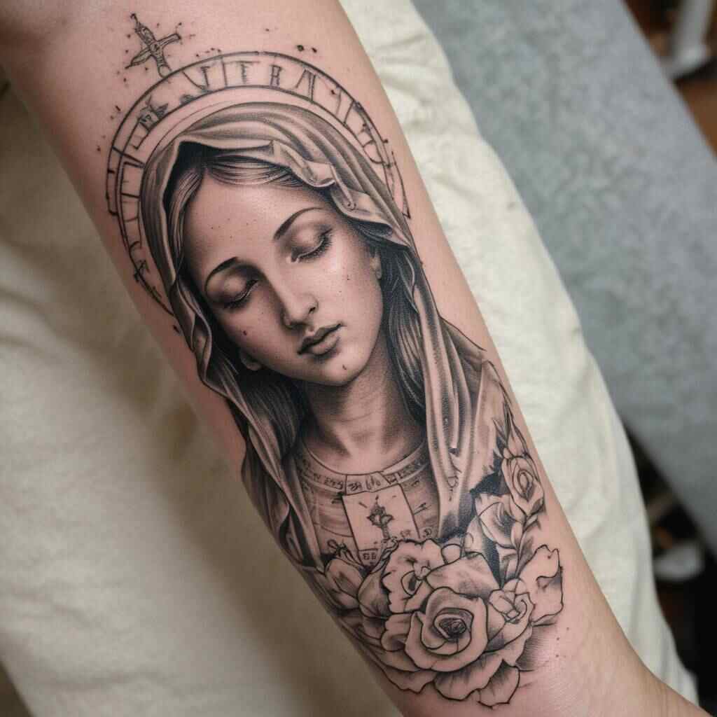 42 Elegant Virgin Mary Forearm Tattoos That Reflect Devotion and Grace 26 Virgin Mary with Script