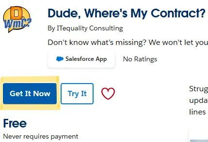 An excerpt of the Salesforce AppExchange page for "Dude, Where's My Contract," with the button "Get It Now" highlighted