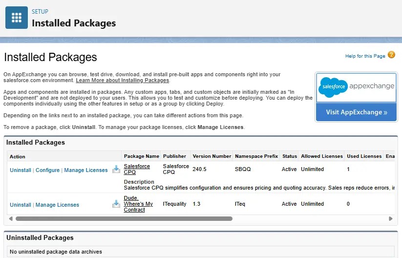 Salesforce's Installed Packages page in the Setup is shown with two Installed Packages, the first is Salesforce CPQ and the second is Dude, Where's My Contract. Users can be changed through the Manage Licenses portion. This guide will specify how to reach this page.