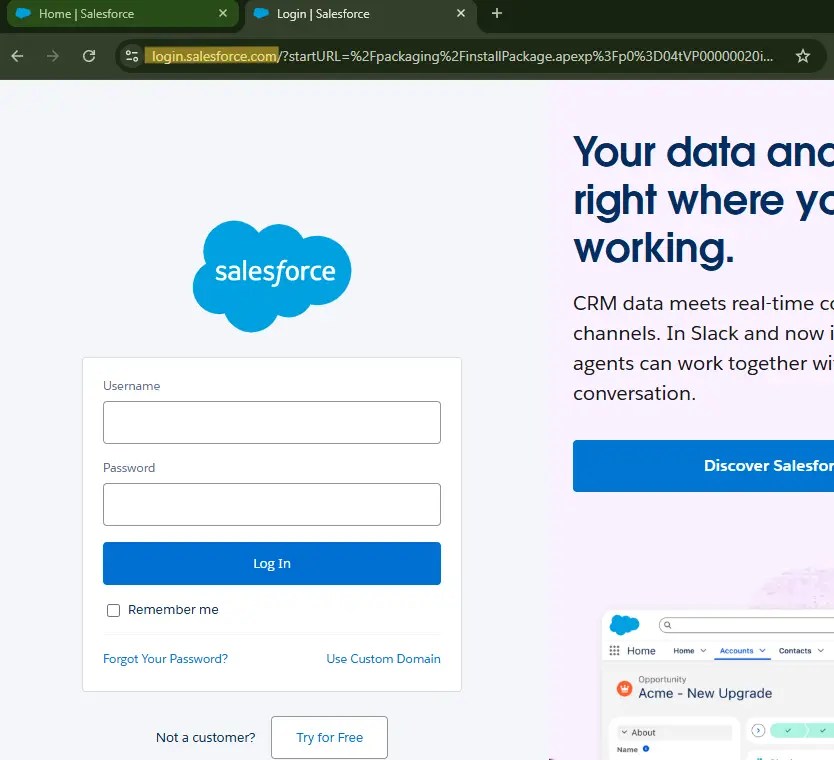 Cropped image showing the Salesforce login page which always appears after clicking "Confirm and Install" regardless of what organizations you are currently logged into. This is identified by the words "packaging" and "installPackage." The text "login.salesforce.com" is highlighted in the URL bar of the browser. If dealing with multiple log-in accounts (i.e. multiple cookies), the highlighted portion may not be the correct account.