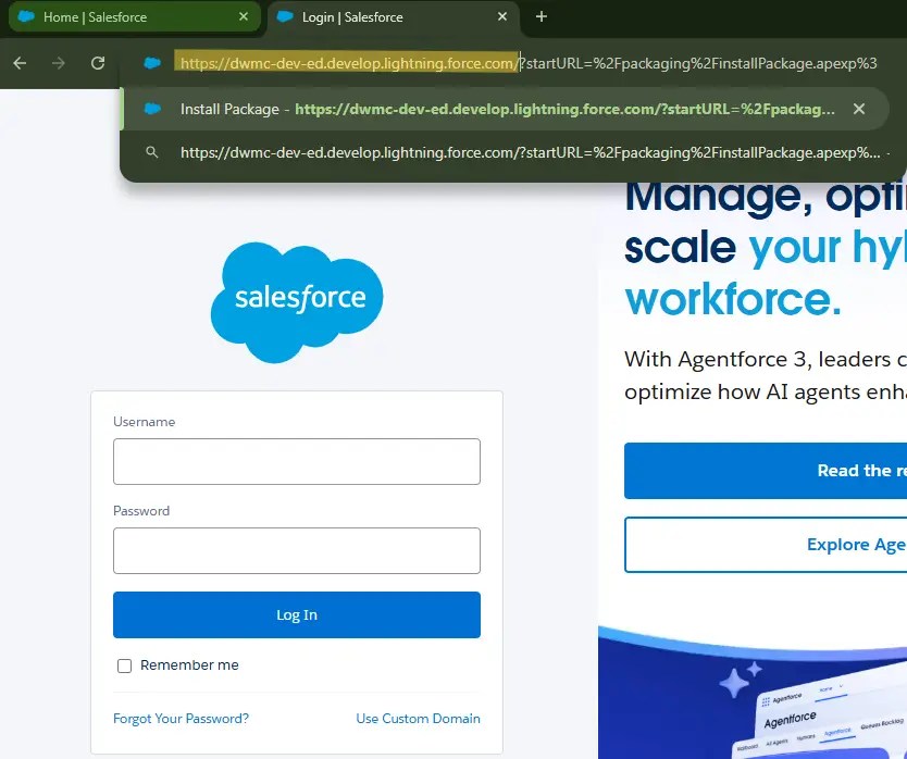 The same login page as previous images. The URL of the browser login page now has the specific organization's URL pasted over the highlighted "https://login.salesforce.com/"