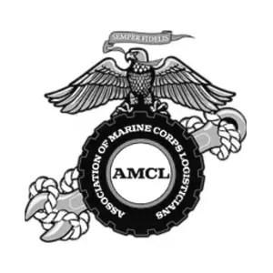 Association of Marine Corps Logisticians (AMCL) logo featuring the Marine Corps eagle, globe, and anchor surrounding a black gear with “AMCL” in the center and a red “Semper Fidelis” banner above.