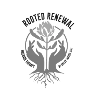Rooted Renewal Massage Therapy logo featuring a blooming purple flower with green leaves held by two brown hands that extend into tree roots below. The text "Rooted Renewal" arches above the design, with "Massage Therapy" and "By Bailey Thrash, LMT" surrounding the circular emblem, symbolizing healing, growth, and restoration.